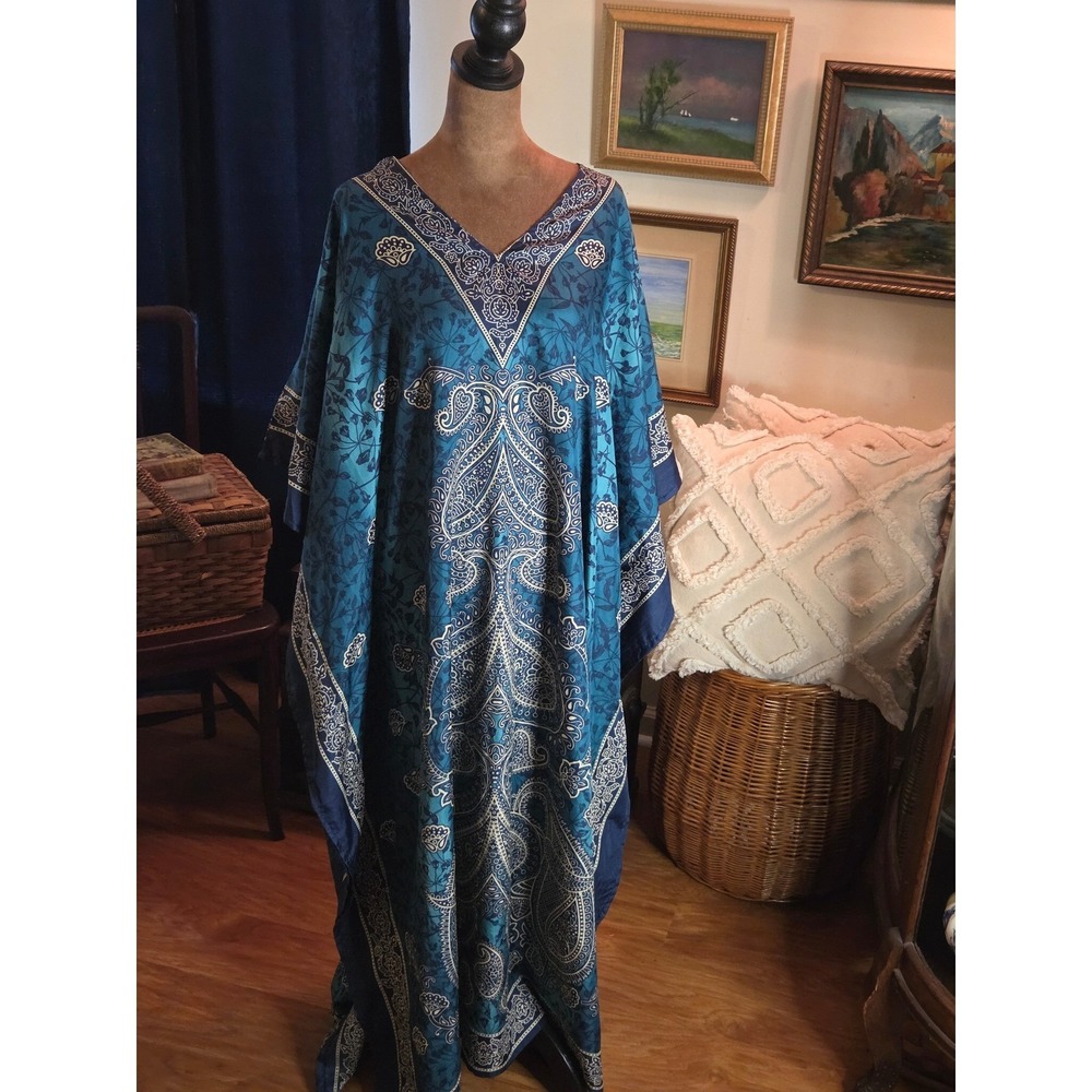 Teal Blue Cream Print‎ V-Neck Maxi Kaftan Dress Oversized Boho Resort Wear